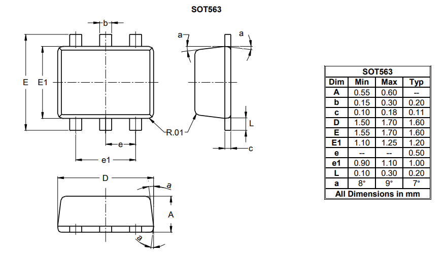 机械图纸 - Diodes Incorporated DMN52D0UV N沟道增强模式MOSFET